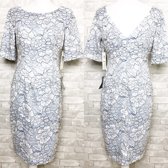 NWT Eliza J | Light Blue Floral Lace Sheath Dress with Low V Back Size 6 - Picture 3 of 12